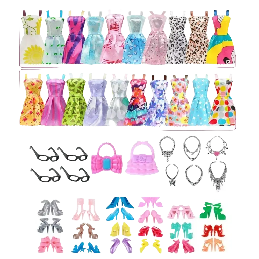 A 32 piece set of colorful patterned barbie doll dresses featuring various vibrant designs for doll dress-up