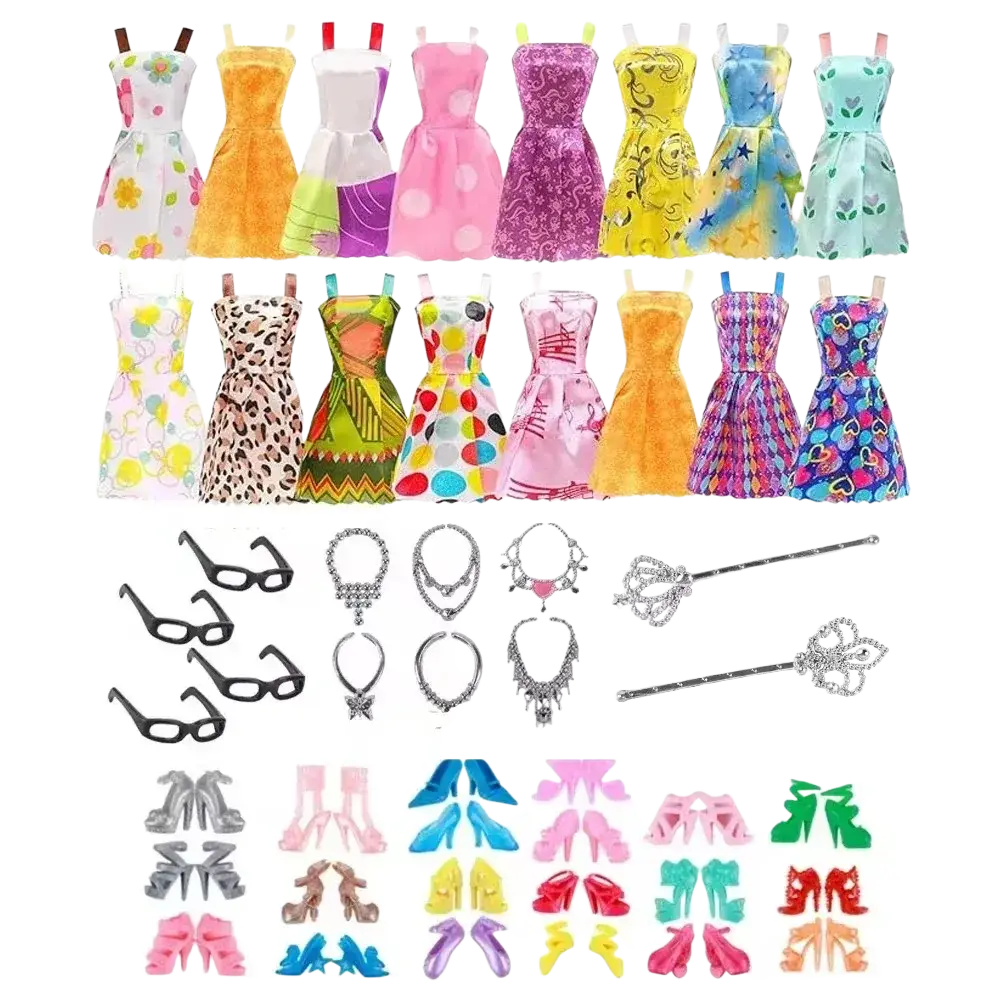 A 32 piece set of colorful patterned doll dresses in various designs for doll clothes and accessories