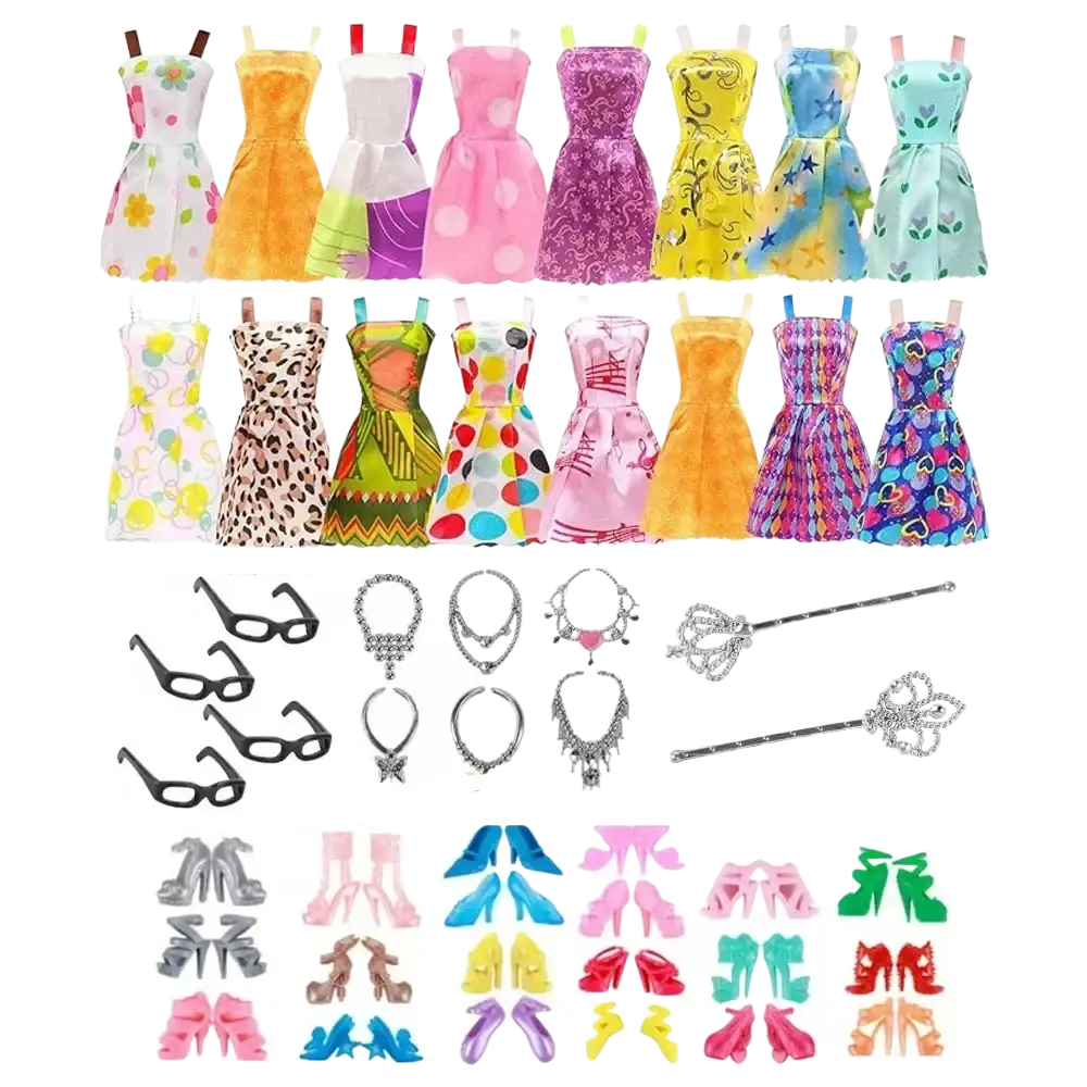 A collection of colorful patterned doll dresses in various styles from the doll clothes and accessories 32 piece set