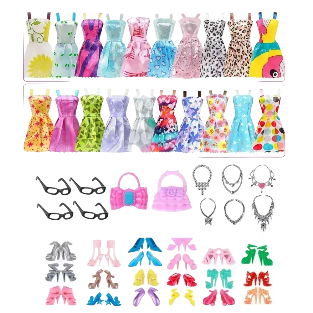 A collection of colorful patterned barbie doll dresses in various designs from a 32 piece doll clothes and accessories set