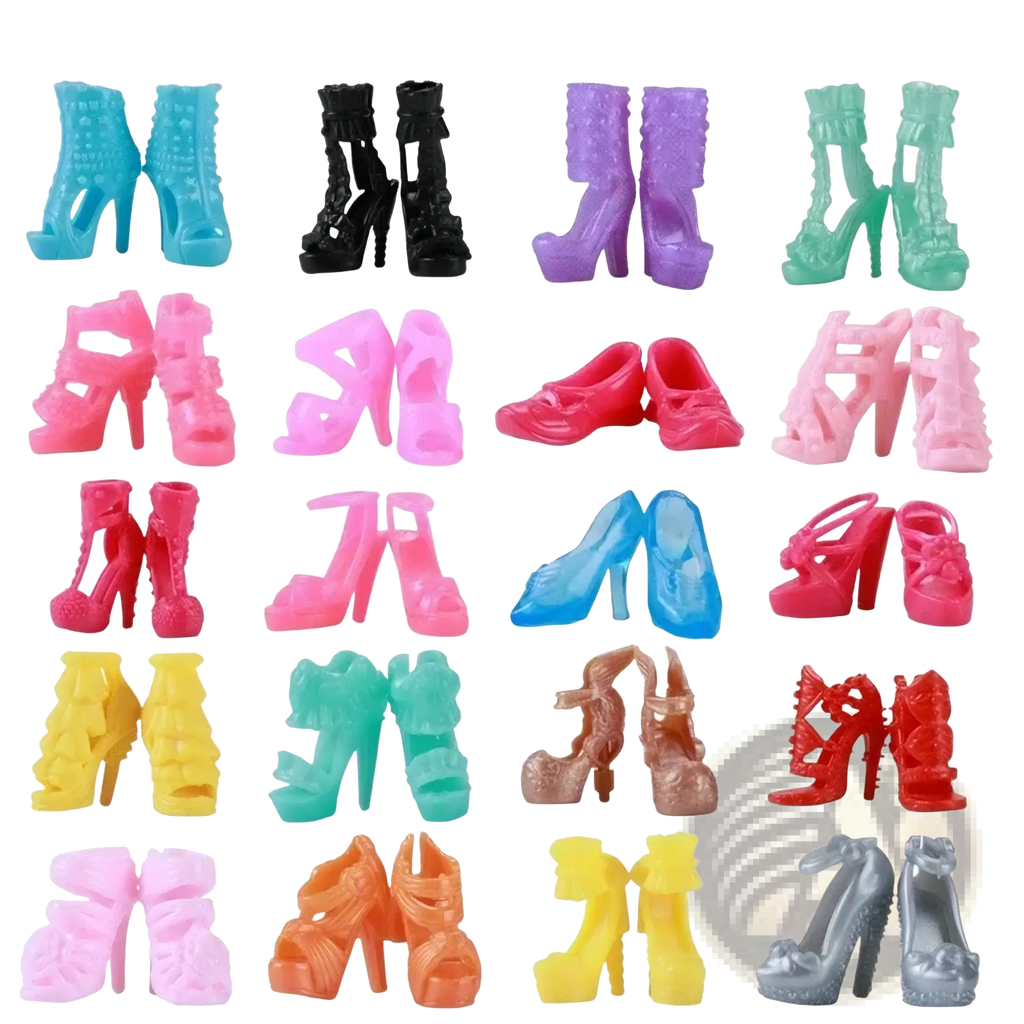 A collection of colorful plastic high-heeled shoes in various styles from doll clothes and accessories 32 piece set