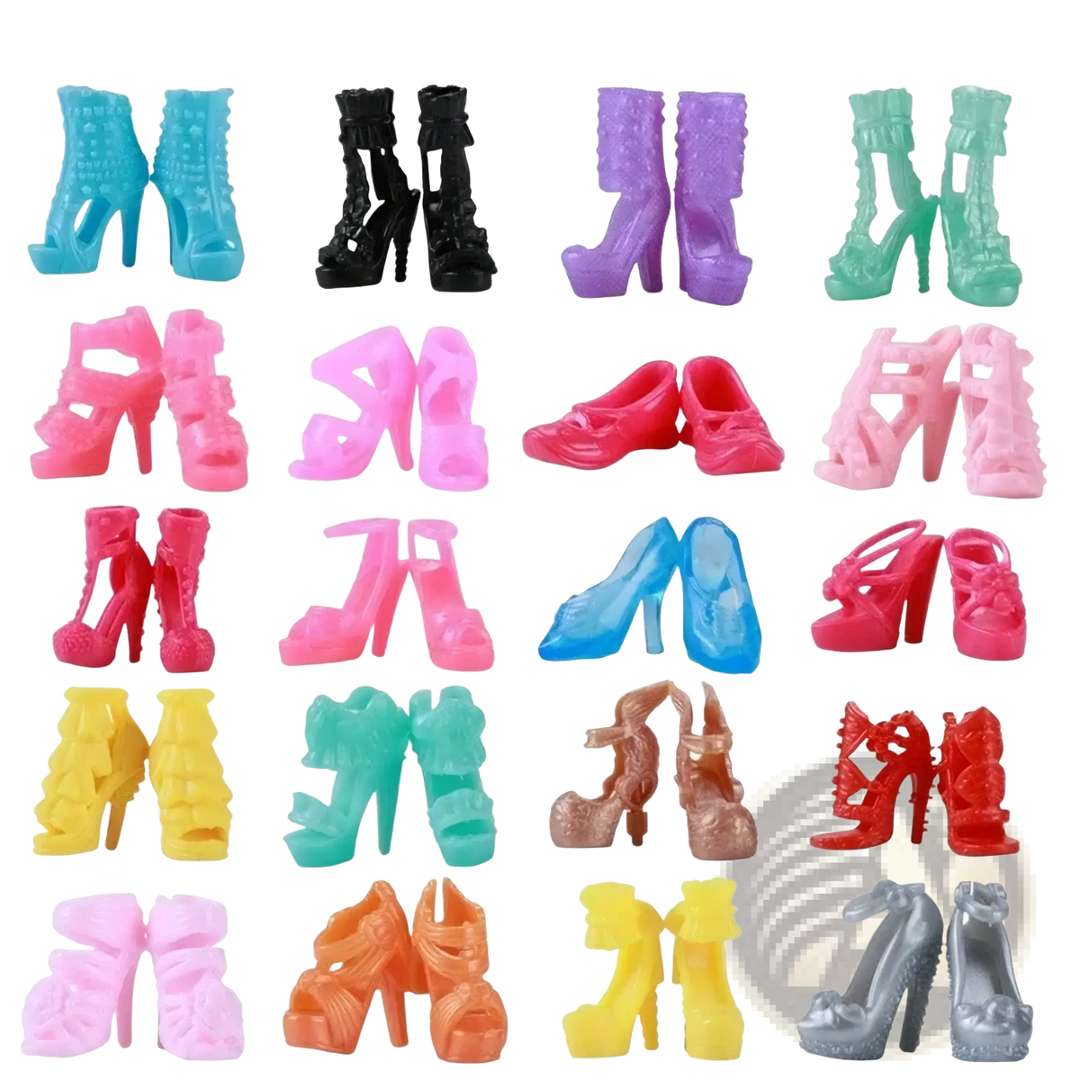 A collection of colorful plastic high-heeled shoes in various styles from doll clothes and accessories 32 piece set