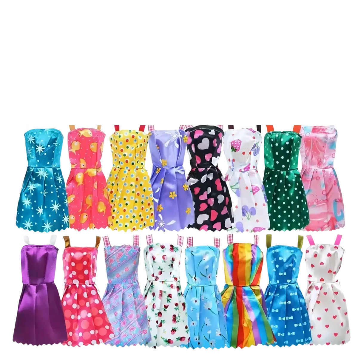 A collection of ten colorful satin finish doll dresses with polka dots hearts and fruit prints from a 32 piece set