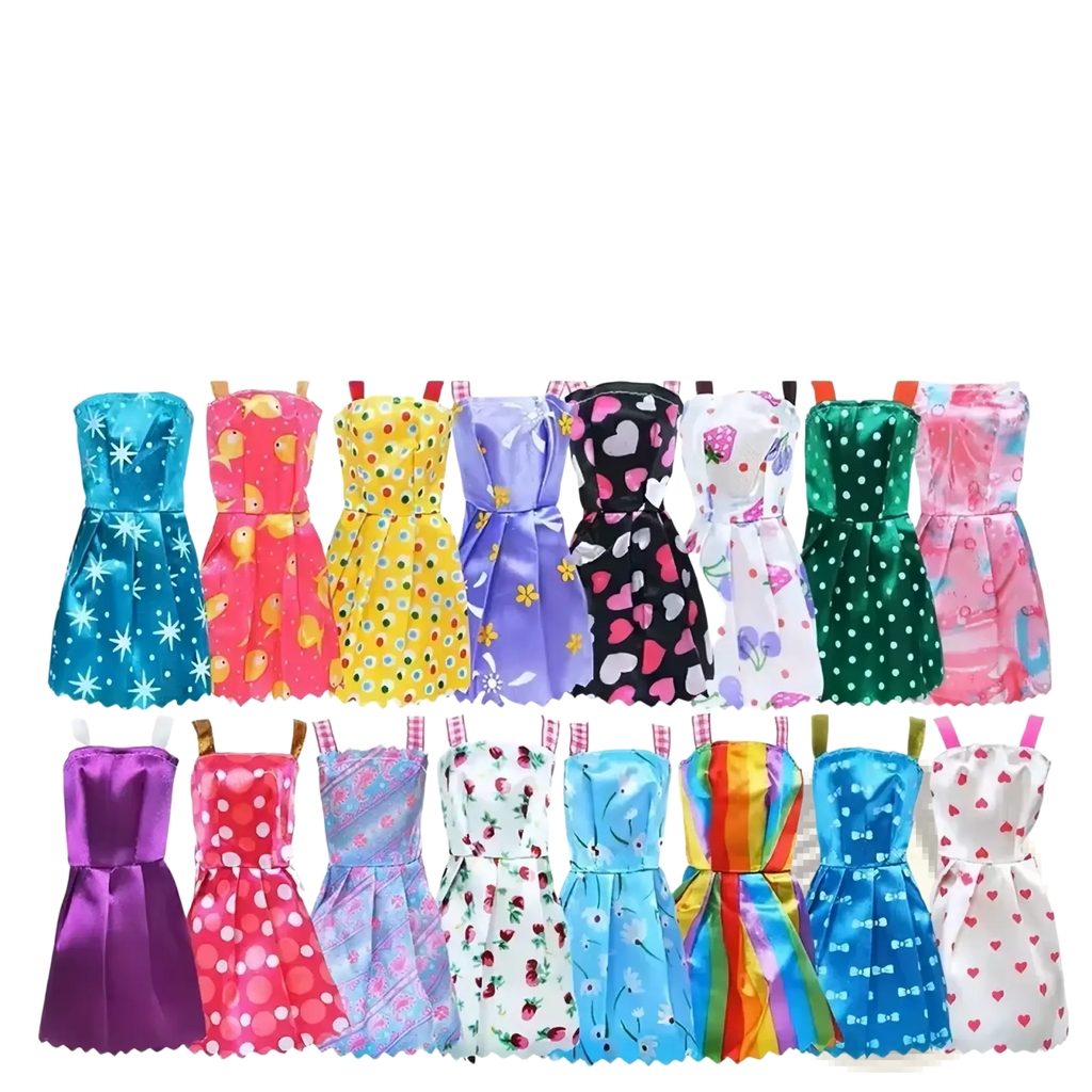 A collection of ten colorful satin finish doll dresses with polka dots hearts and fruit prints from a 32 piece set