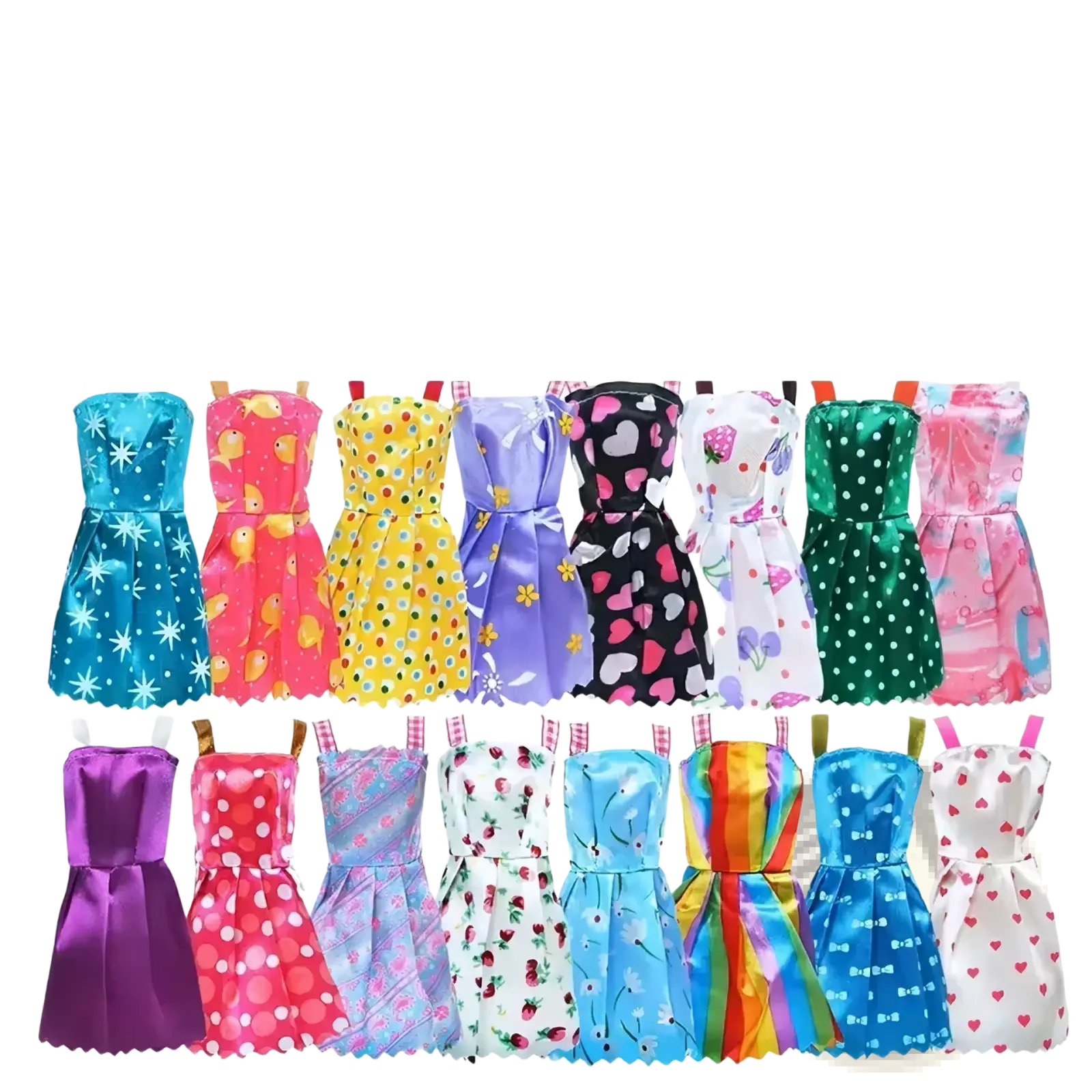 A collection of ten colorful satin finish doll dresses with polka dots hearts and fruit prints from a 32 piece set