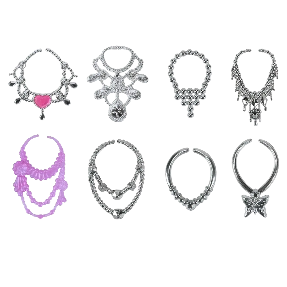 A set of eight silver and pink miniature doll necklaces with intricate beads charms and dangling elements from a 32 piece set