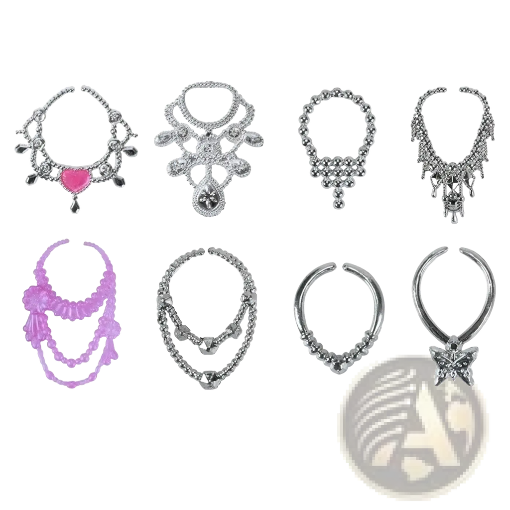 A set of eight silver and pink miniature doll necklaces with intricate beads charms and dangling elements from a 32 piece set
