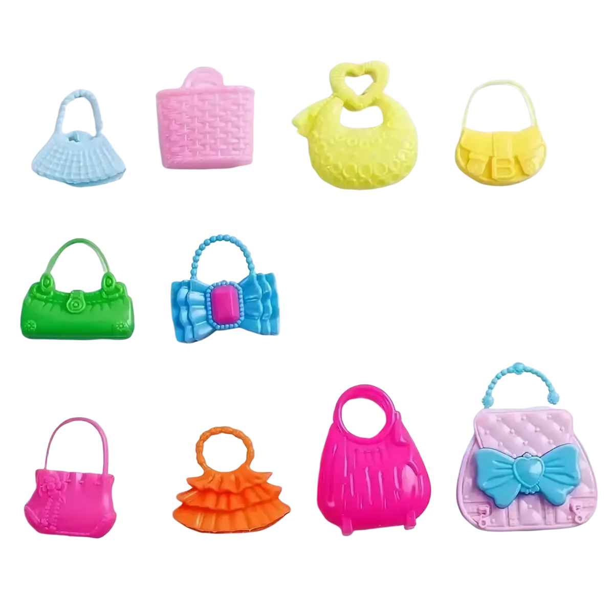 Pink quilted handbag with light blue bow and handle from doll clothes and accessories 32 piece set