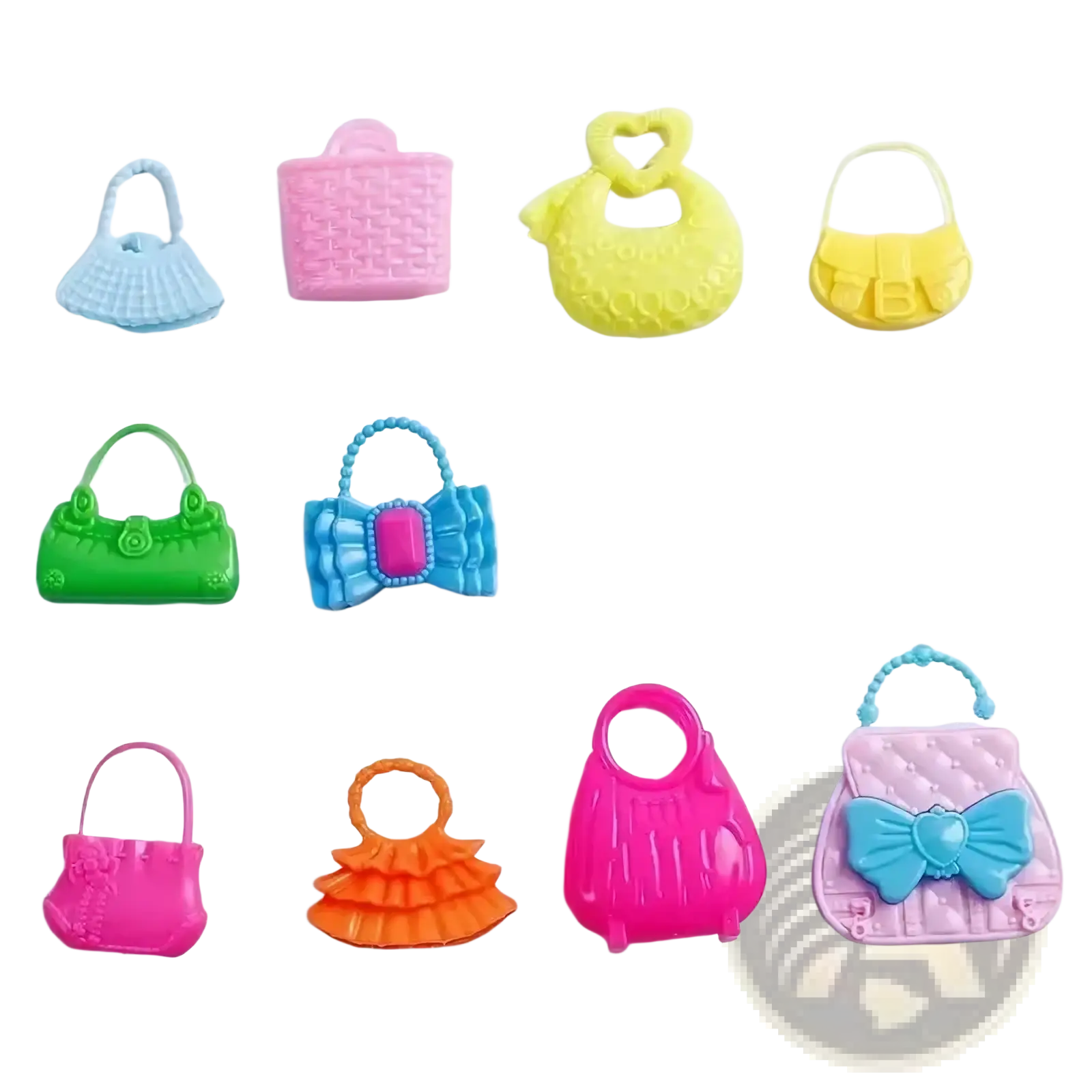 Pink quilted handbag with light blue bow and handle from doll clothes and accessories 32 piece set