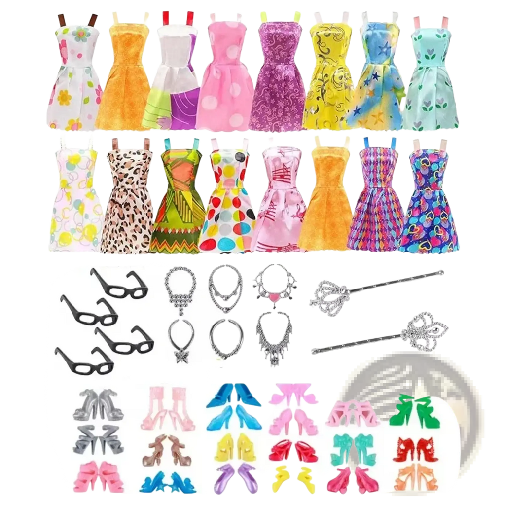 A collection of colorful patterned doll dresses in various styles from the doll clothes and accessories 32 piece set