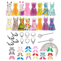 A collection of colorful patterned doll dresses in various styles from the doll clothes and accessories 32 piece set