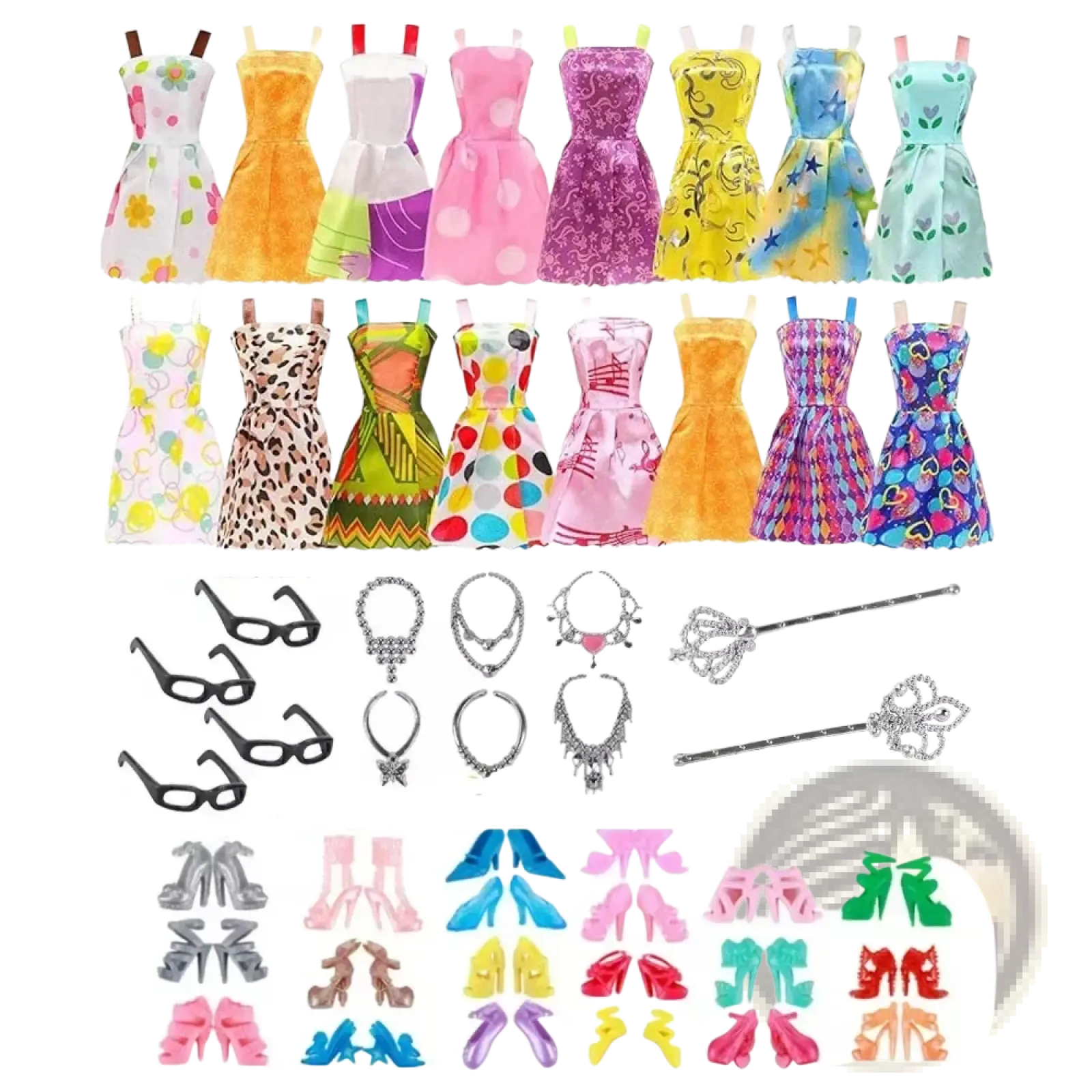 A collection of colorful patterned doll dresses in various styles from the doll clothes and accessories 32 piece set