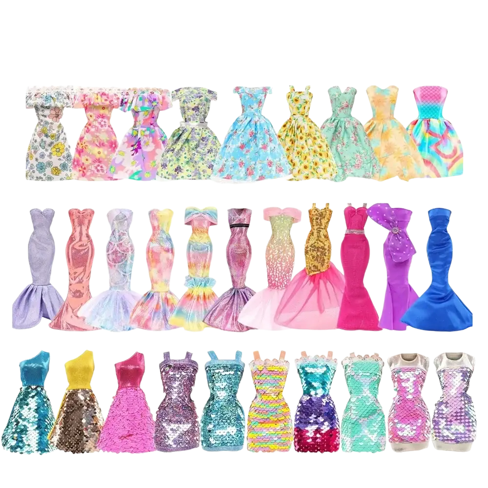 A set of six assorted floral mermaid and fashion doll dresses in various colors for doll clothing and accessories collection