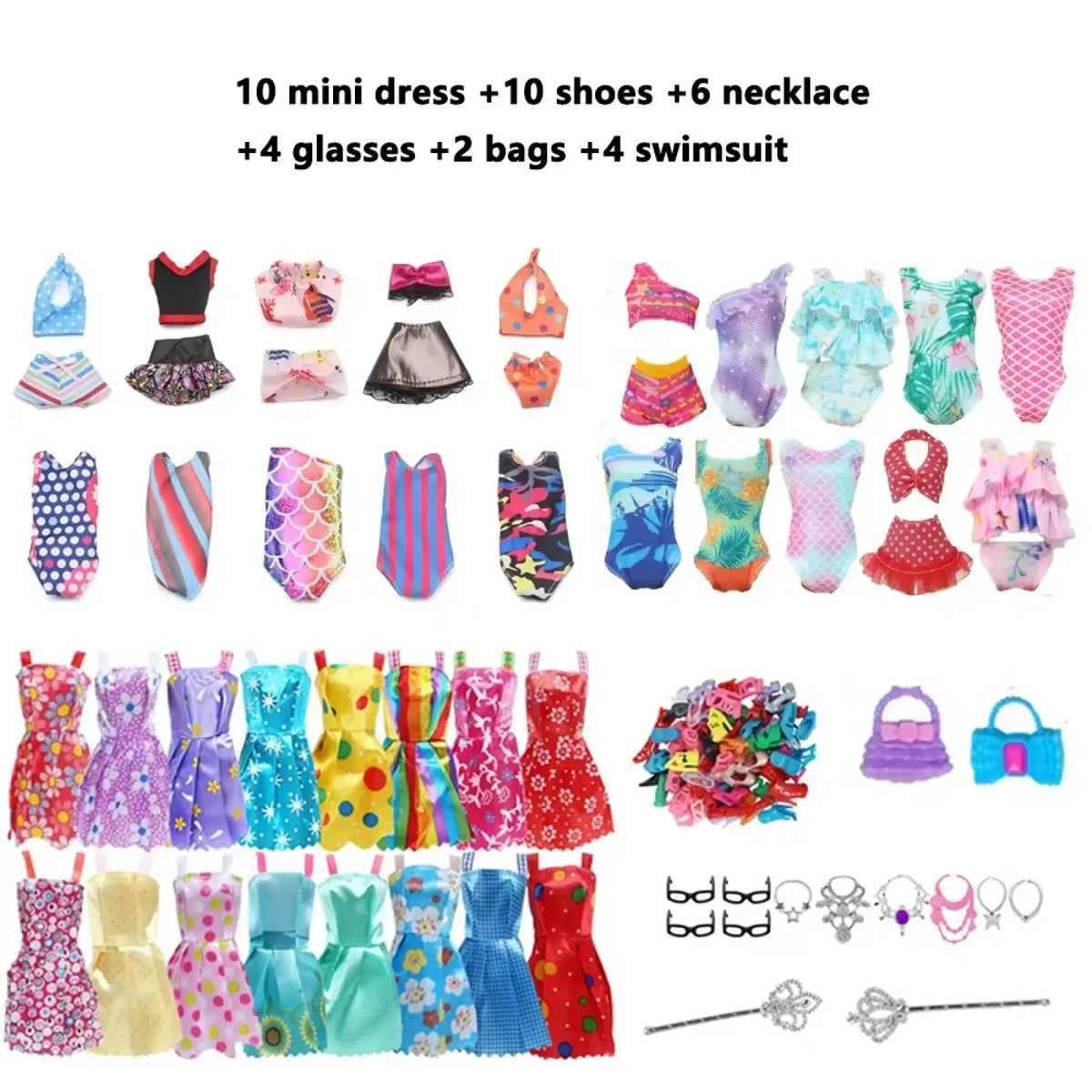A set of 50 doll clothes and accessories featuring colorful patterned mini dresses in various vibrant styles