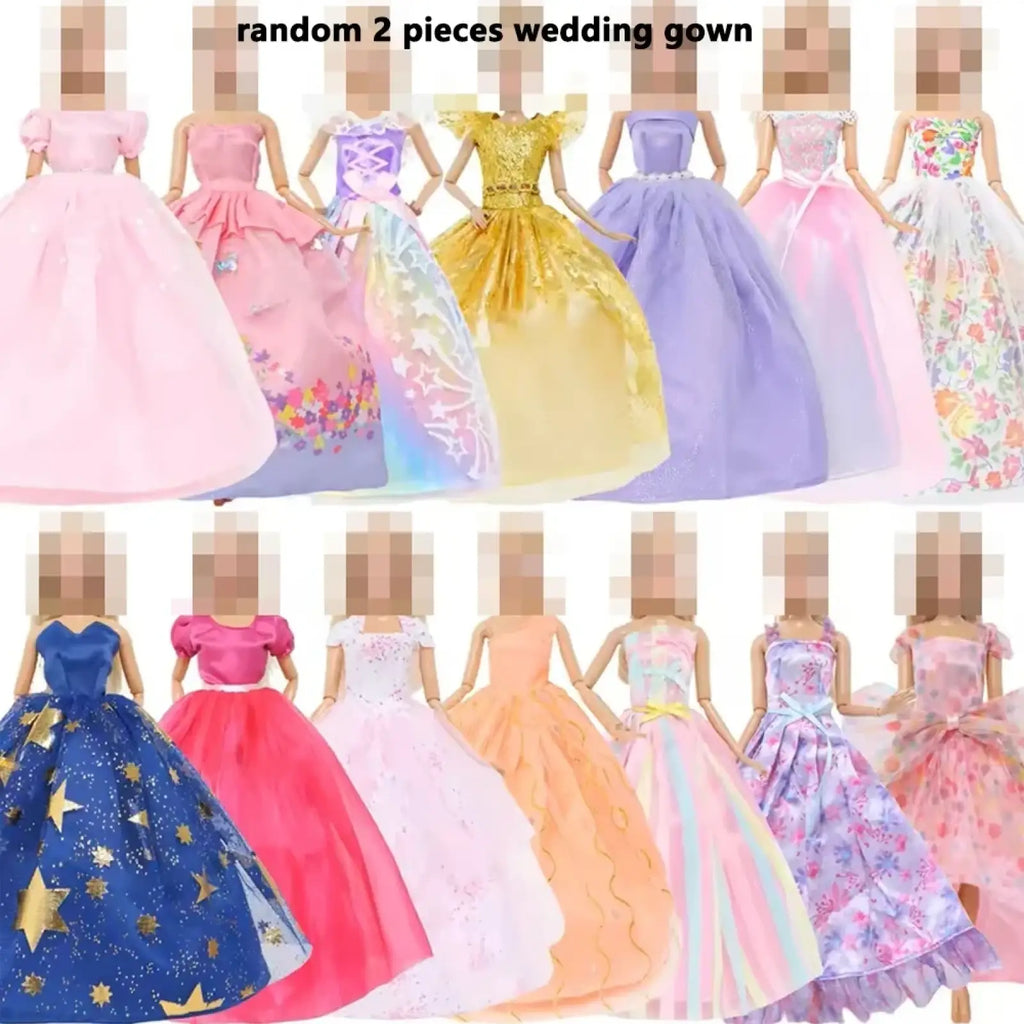A set of 50 doll clothes and accessories featuring colorful flowing wedding gowns in pastel and vibrant hues