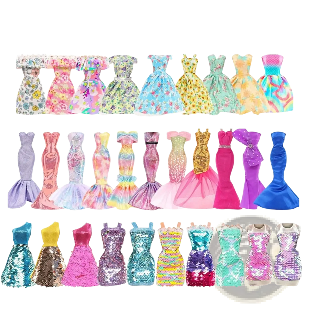 A set of six assorted floral mermaid and fashion doll dresses in various colors for doll clothing and accessories collection