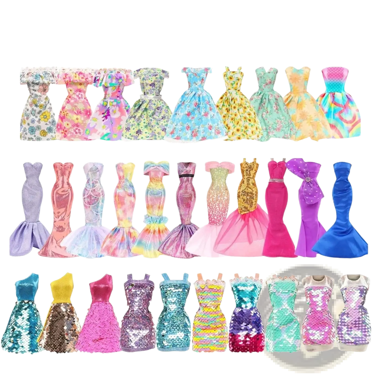 A set of six assorted floral mermaid and fashion doll dresses in various colors for doll clothing and accessories collection