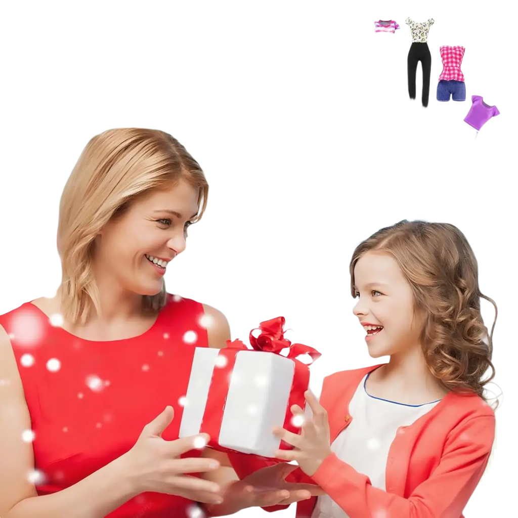 A festive white gift box with a vibrant red ribbon bow containing a doll clothes and accessories set 50 pcs