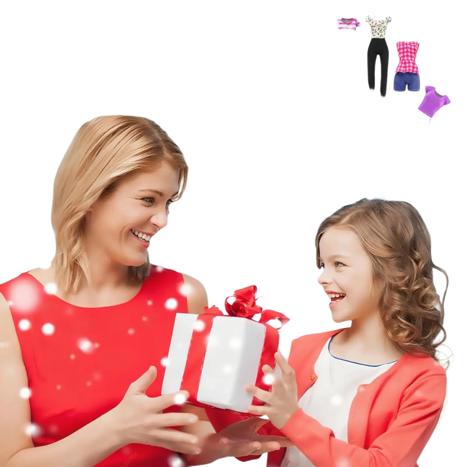 A festive white gift box with a vibrant red ribbon bow containing a doll clothes and accessories set 50 pcs