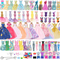 A vibrant 50 pcs doll clothes and accessories set featuring assorted colors patterns and styles for Barbie dolls