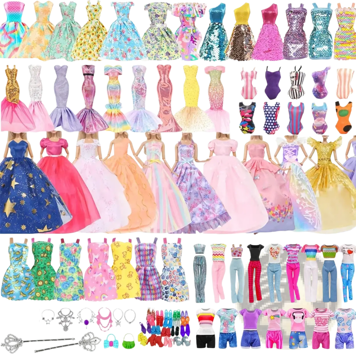 A vibrant 50 pcs doll clothes and accessories set featuring assorted colors patterns and styles for Barbie dolls