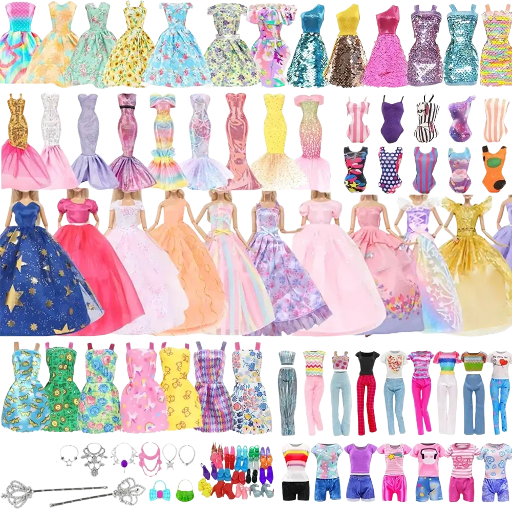 A vibrant 50 pcs doll clothes and accessories set featuring assorted colors patterns and styles for Barbie dolls
