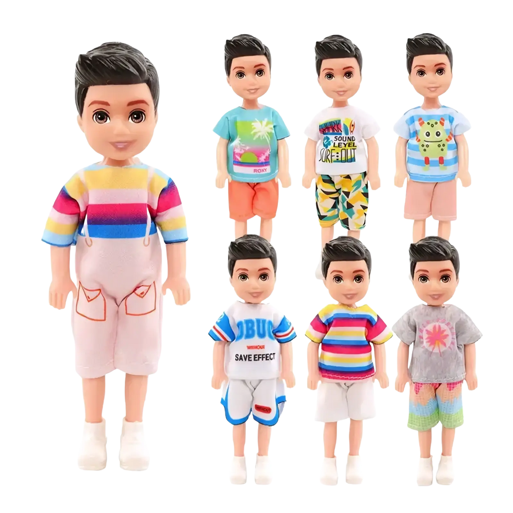 A collection of seven boy dolls with black hair and large eyes wearing a 6 piece colorful doll clothes set