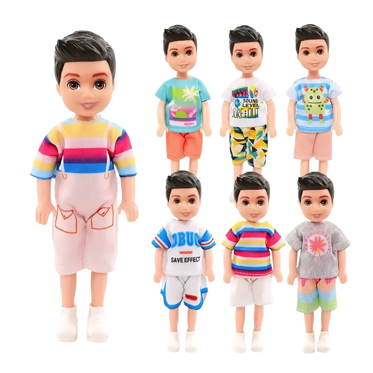 A collection of seven boy dolls with black hair and large eyes wearing a 6 piece colorful doll clothes set