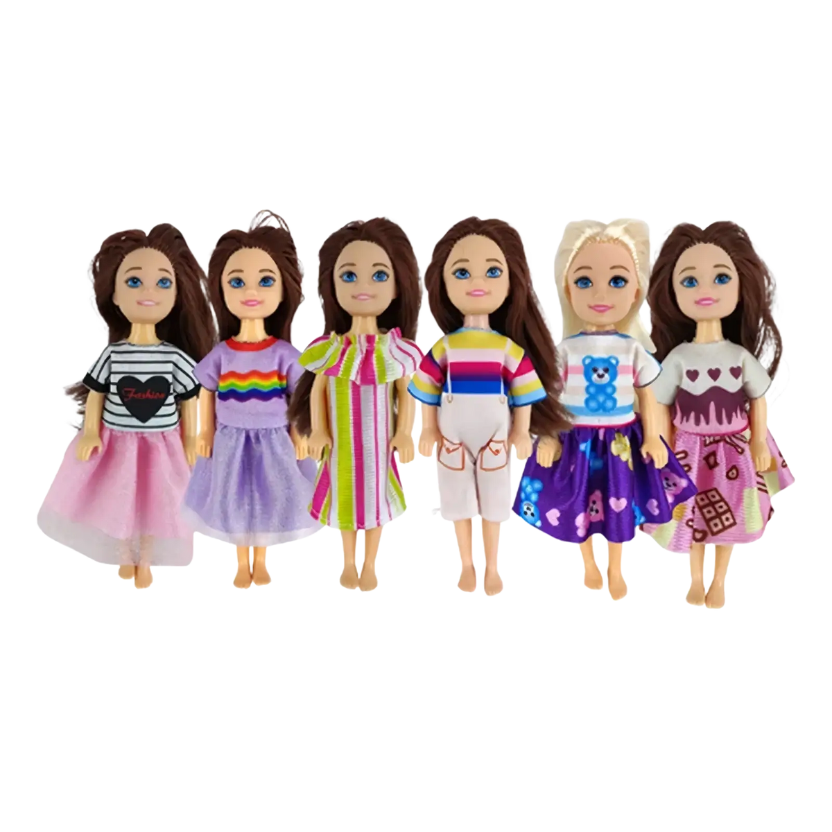 Doll clothes set 6 piece fashion outfit accessories with five dolls in striped tops and pastel patterned skirts