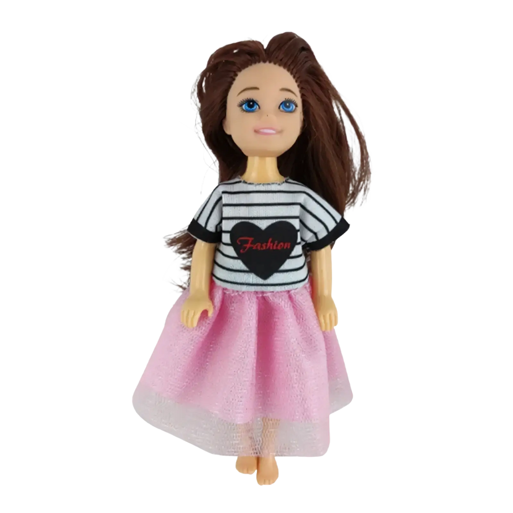 Doll clothes set six piece fashion outfit with black and white striped top and sparkly pink skirt on doll with brown hair