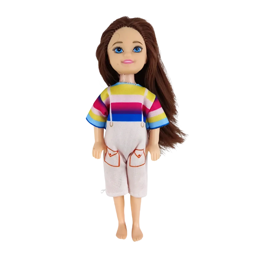 A doll wearing a colorful striped shirt and light overalls with red-trimmed pockets from a 6 piece fashion outfit set
