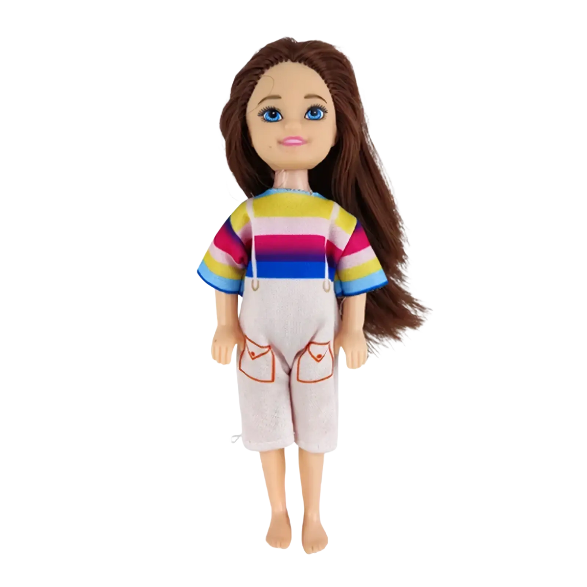 A doll wearing a colorful striped shirt and light overalls with red-trimmed pockets from a 6 piece fashion outfit set