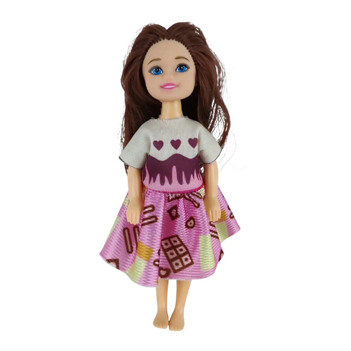 Doll clothes set 6 piece fashion outfit accessories featuring a doll with brown hair wearing a gray top with purple hearts and chocolate skirt