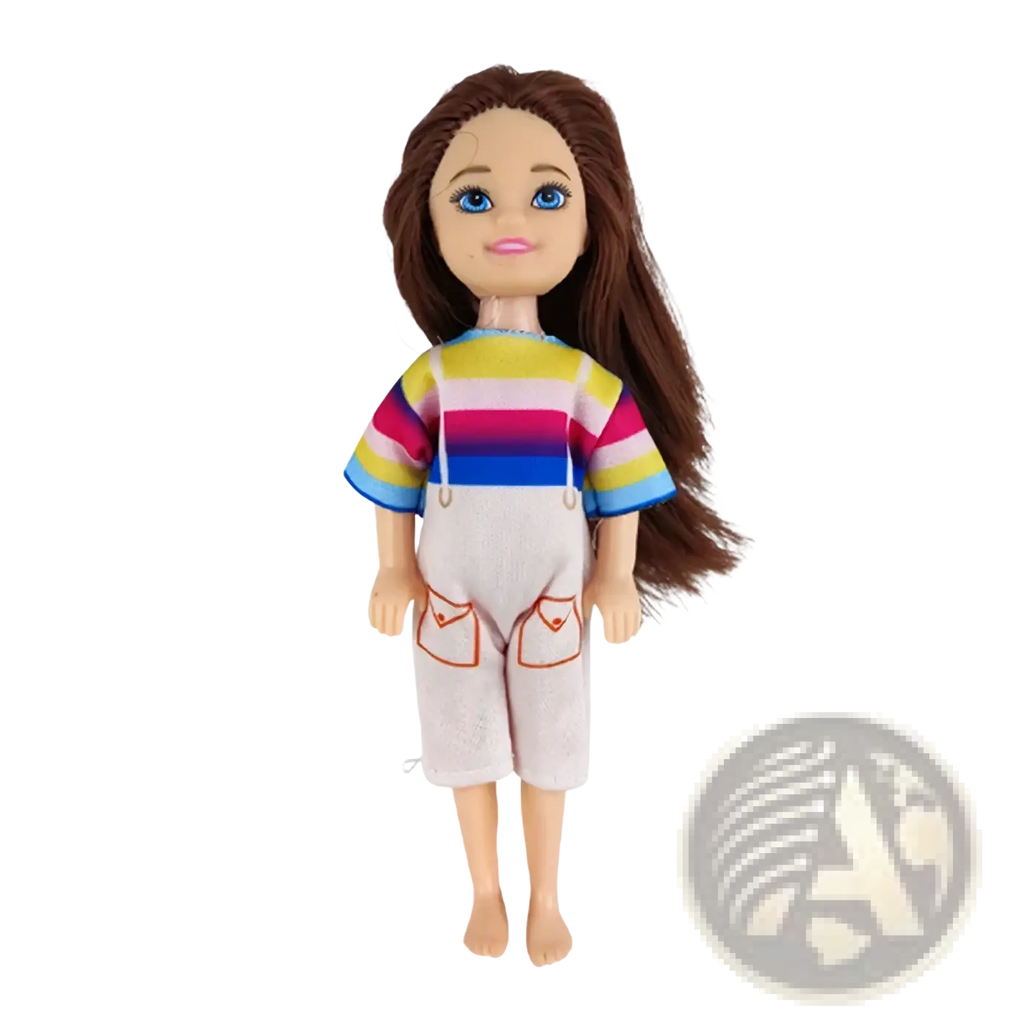 A doll wearing a colorful striped shirt and light overalls with red-trimmed pockets from a 6 piece fashion outfit set