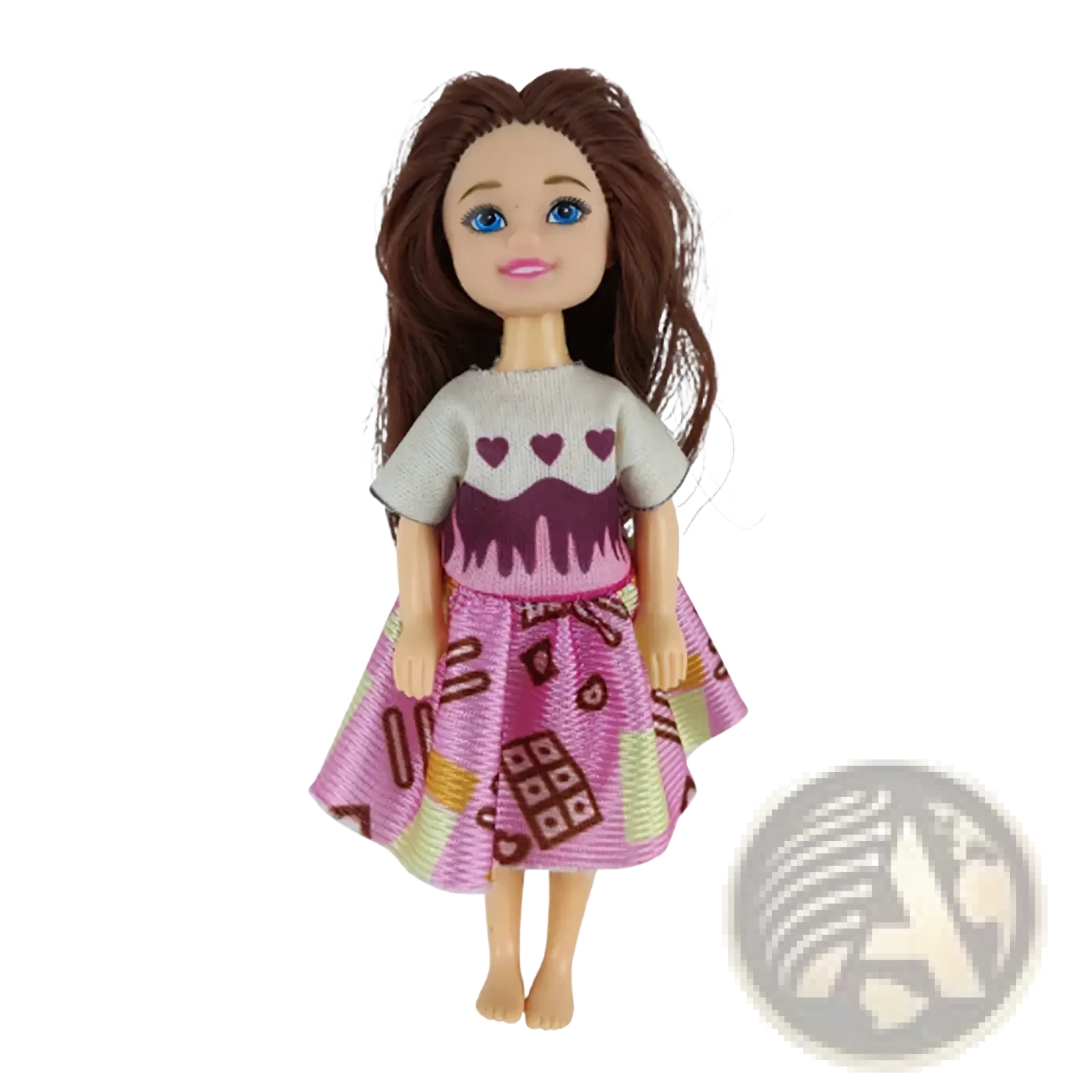 Doll clothes set 6 piece fashion outfit accessories featuring a doll with brown hair wearing a gray top with purple hearts and chocolate skirt