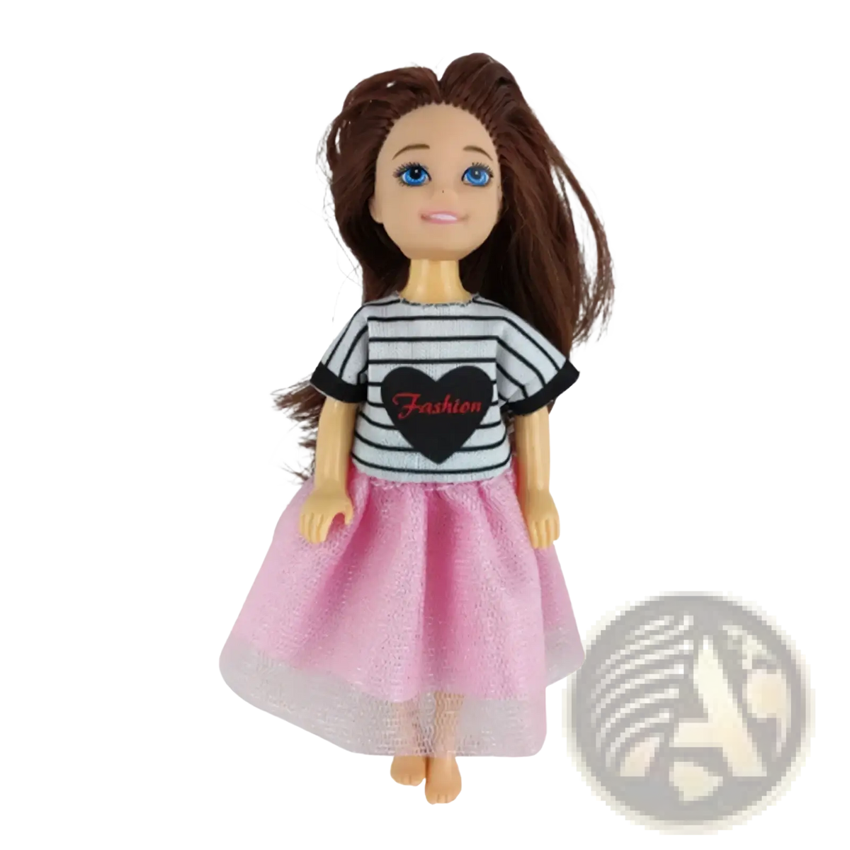Doll clothes set six piece fashion outfit with black and white striped top and sparkly pink skirt on doll with brown hair