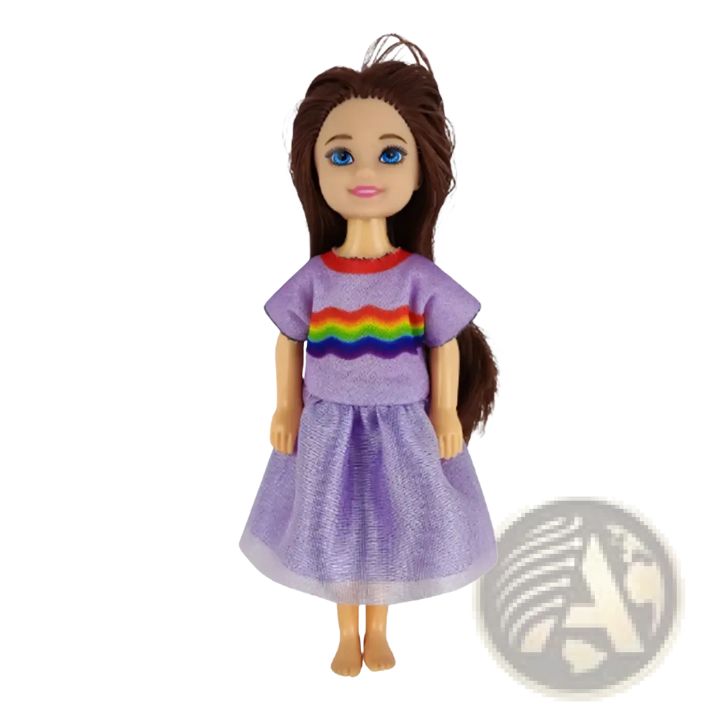 Purple glittery dress with rainbow wave design worn by doll with long brown hair in doll clothes set 6 piece fashion outfit