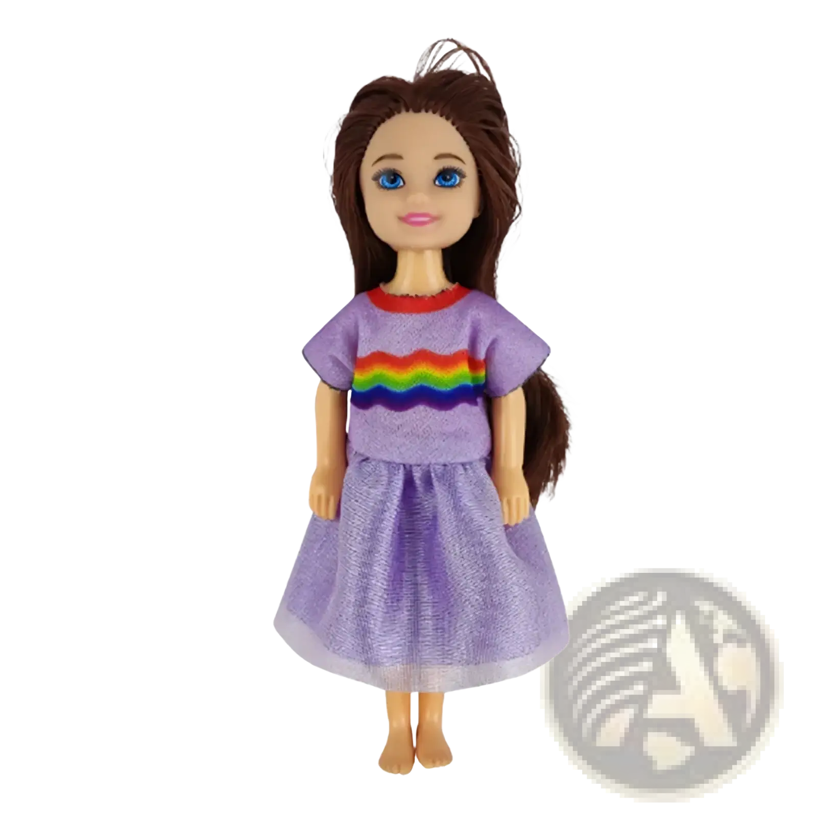 Purple glittery dress with rainbow wave design worn by doll with long brown hair in doll clothes set 6 piece fashion outfit