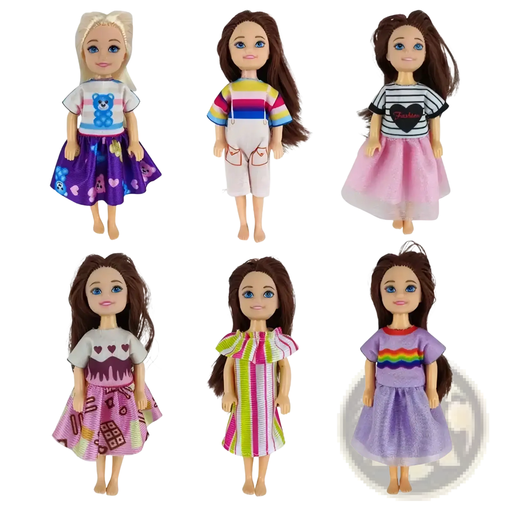 Six dolls dressed in a doll clothes set 6 piece fashion outfit accessories including a purple skirt and rainbow shorts