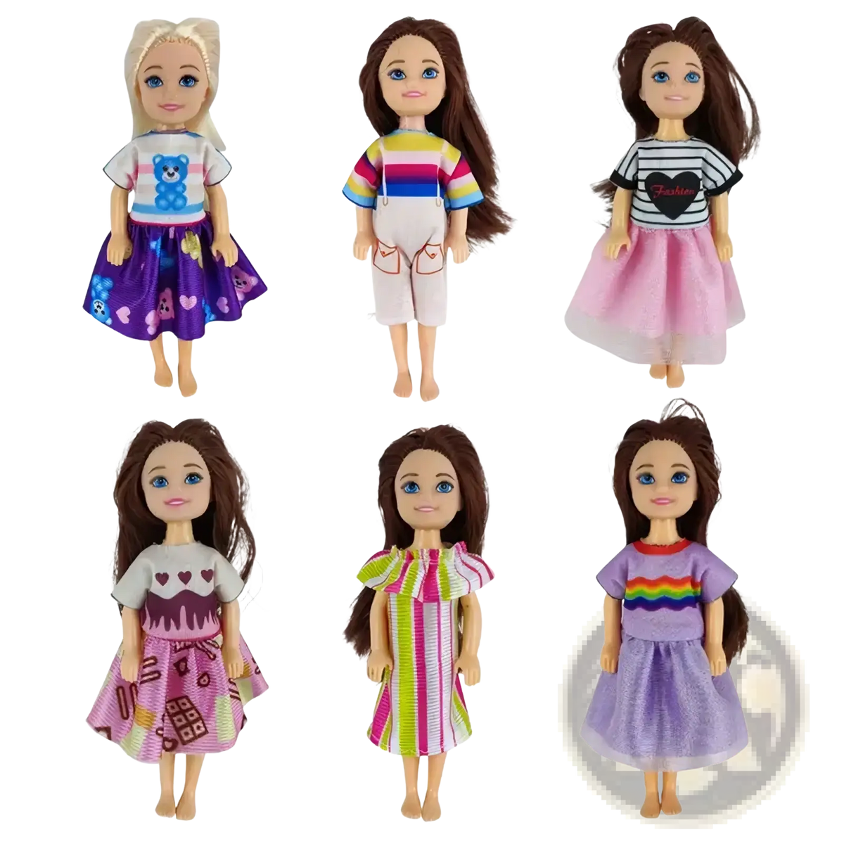 Six dolls dressed in a doll clothes set 6 piece fashion outfit accessories including a purple skirt and rainbow shorts
