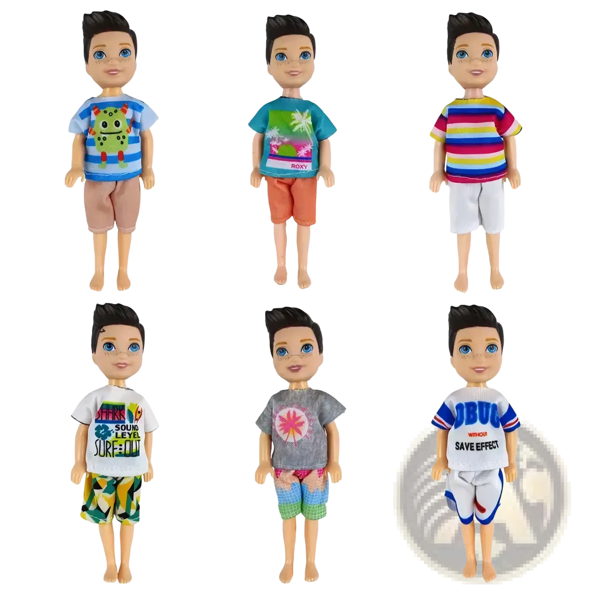 Six identical boy dolls dressed in colorful printed shirt and shorts set are displayed in doll clothes set 6 piece fashion outfit accessories