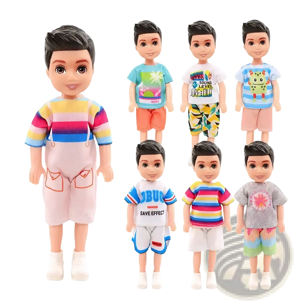 A collection of seven boy dolls with black hair and large eyes wearing a 6 piece colorful doll clothes set