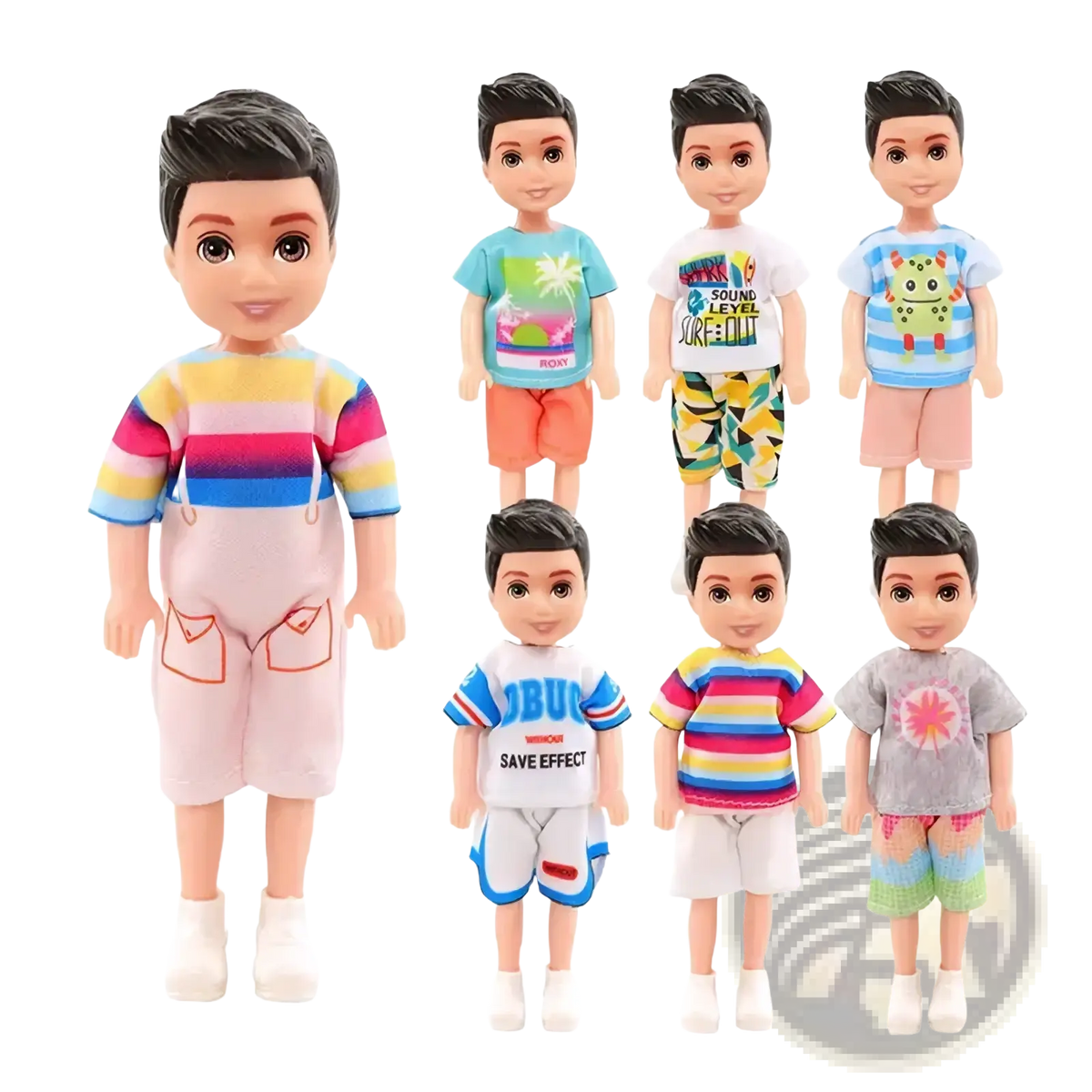 A collection of seven boy dolls with black hair and large eyes wearing a 6 piece colorful doll clothes set