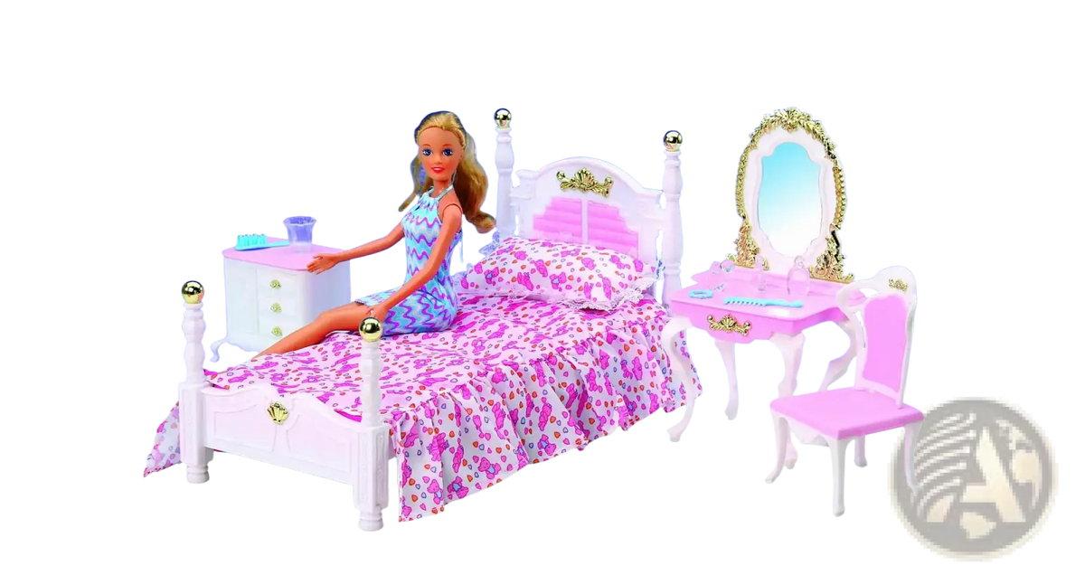 Pink and white doll pool playset with slide and accessories featuring a dollhouse bedroom set with floral bedding and gold mirror