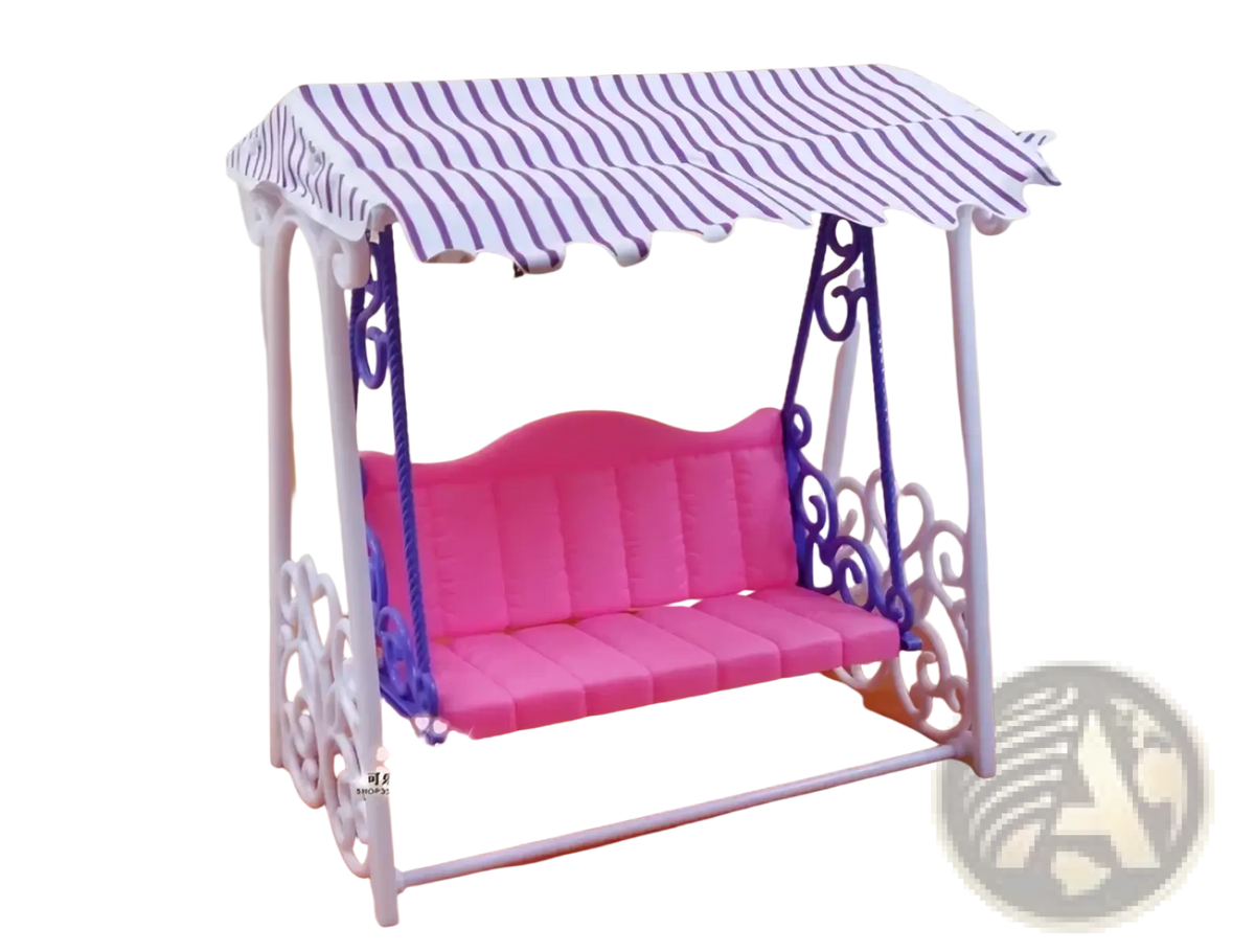 Pink cushioned swing with white and purple ornate metal frame and striped canopy in doll pool playset with slide and accessories