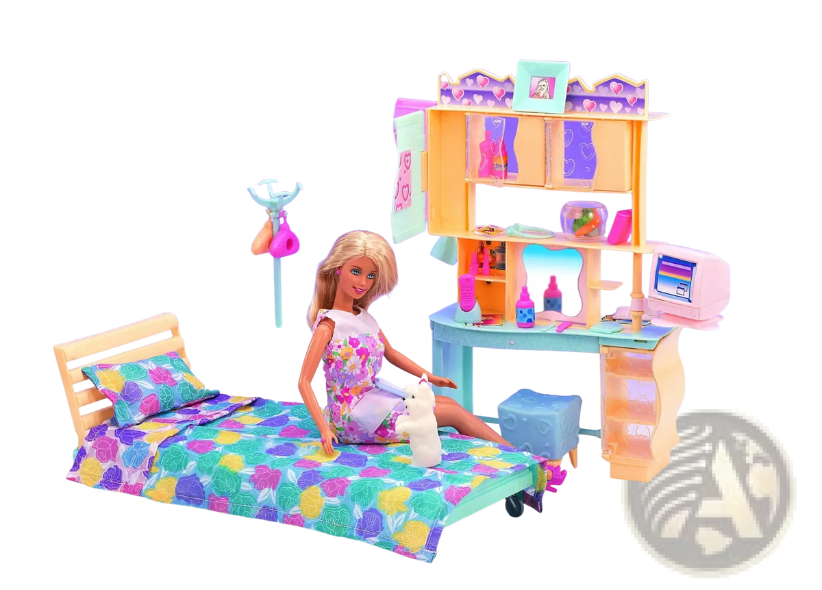 Barbie doll in a floral dress sitting on colorful bedding featured in doll pool playset with slide and accessories