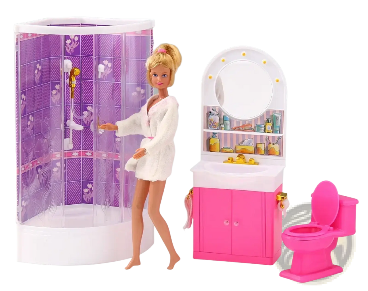 A barbie doll in a white plush robe stands beside a purple and clear shower stall with floral tile patterns in doll pool playset with slide and accessories
