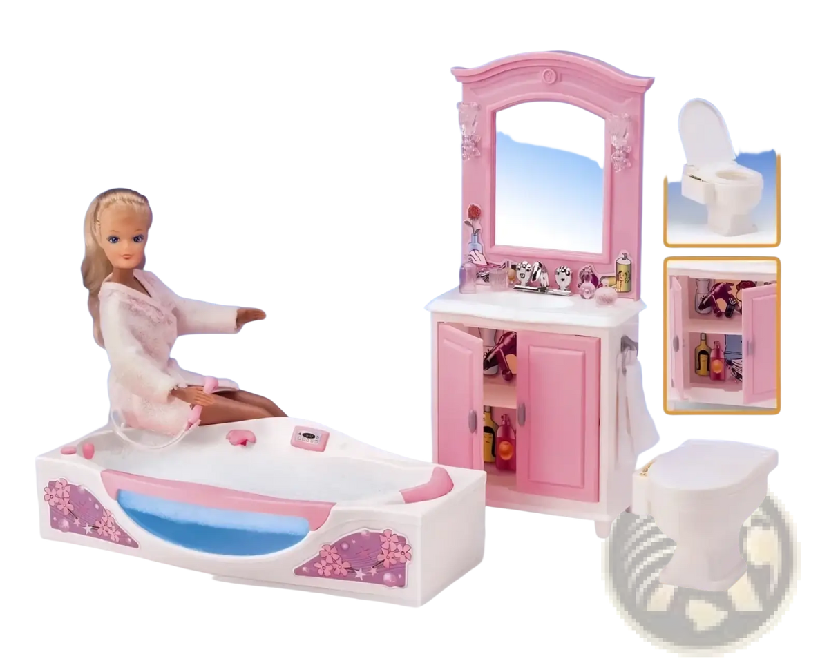 Pink and white plastic doll pool playset with slide bathtub vanity mirror toilet and miniature accessories for bathroom play