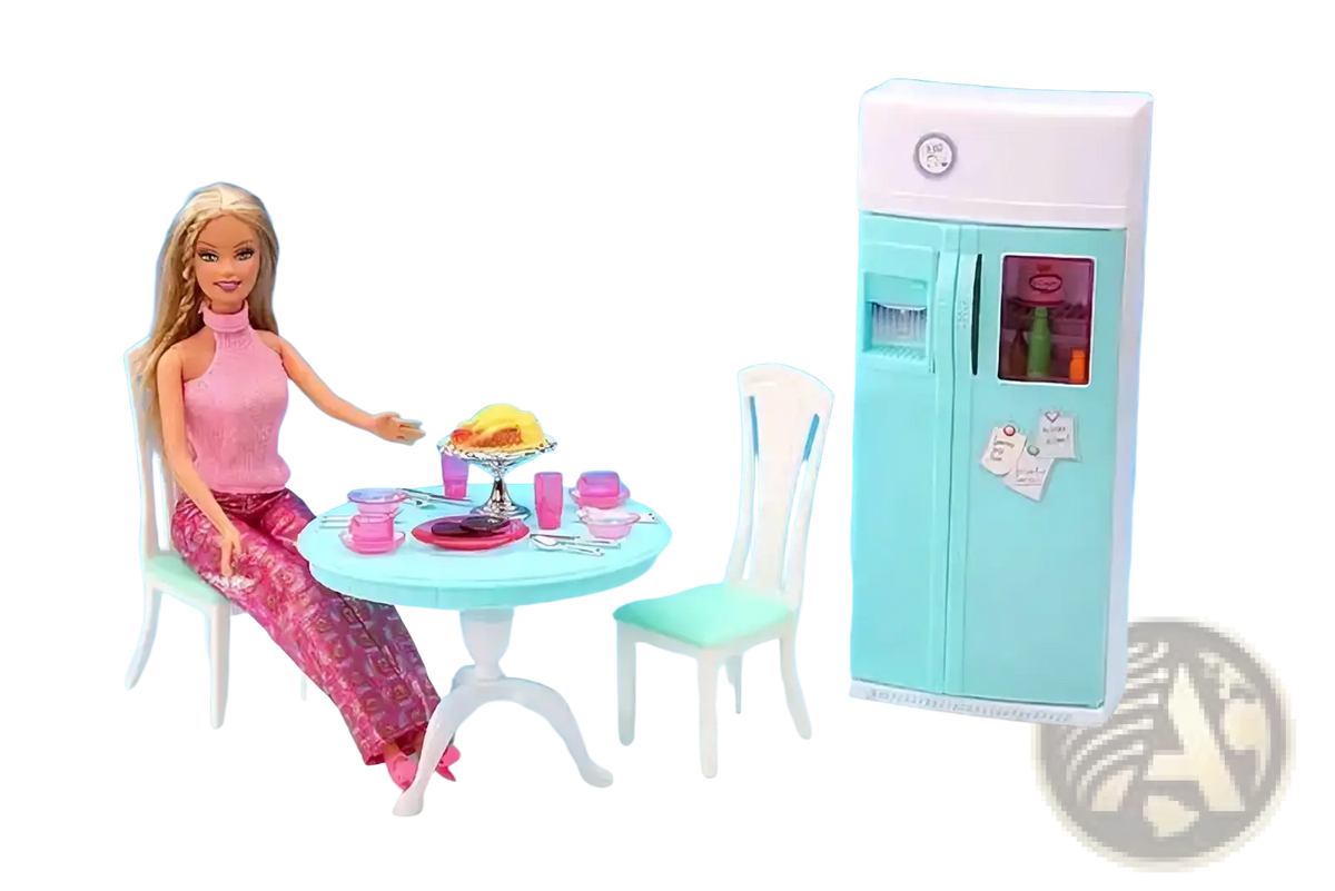 Barbie doll seated at a light blue round table with pink cups wearing a pink halter top in doll pool playset with slide
