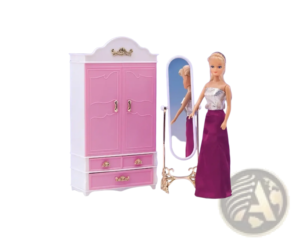 Pink and white dollhouse wardrobe with gold accents for doll pool playset with slide and accessories